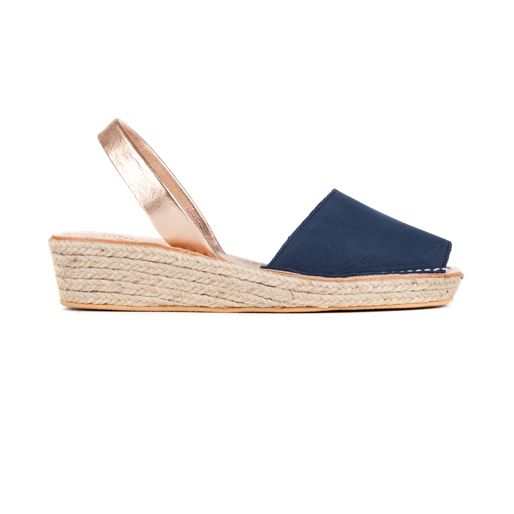 
                
                    Load image into Gallery viewer, SALE ESPADRILLE LOW WEDGE - NUBUCK NAVY/ROSE GOLD
                
            